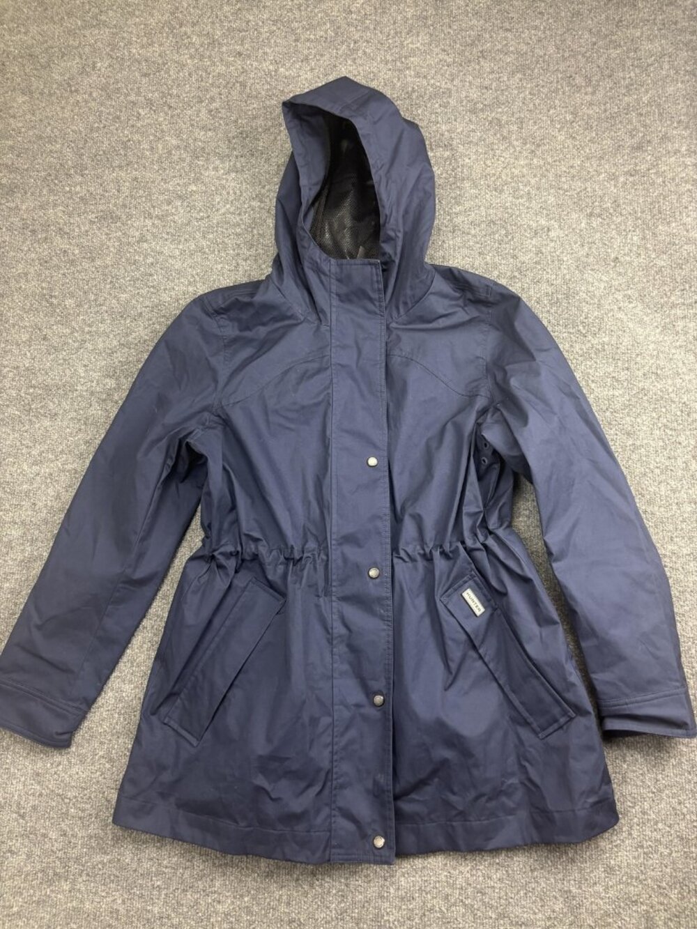 Hunter Coat Womens Large Blue Hooded Rain Water Resistant Zip Pockets Mid Length